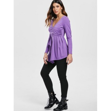 Long leeve Deep V Neck T-shirt - Purple
