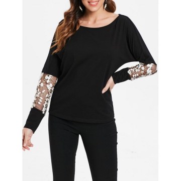 Long leeve Floral Embroidery T-shirt - Black
