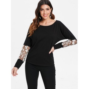 Long leeve Floral Embroidery T-shirt - Black