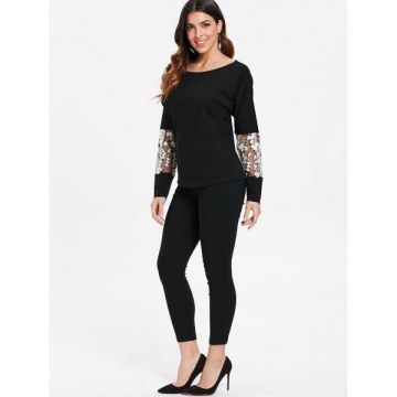 Long leeve Floral Embroidery T-shirt - Black