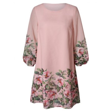 Long Sleeve Floral Printed Shift Dress - Light Pink