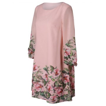 Long Sleeve Floral Printed Shift Dress - Light Pink