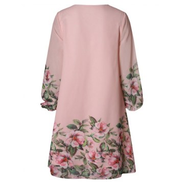 Long Sleeve Floral Printed Shift Dress - Light Pink
