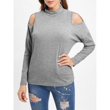 Long Sleeve High Collar Cut Out Tee - Gray Cloud