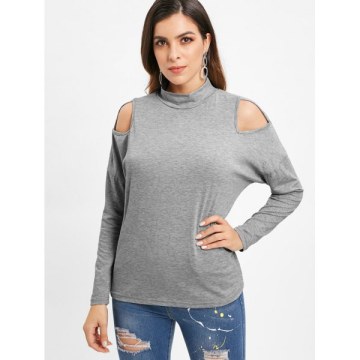 Long Sleeve High Collar Cut Out Tee - Gray Cloud