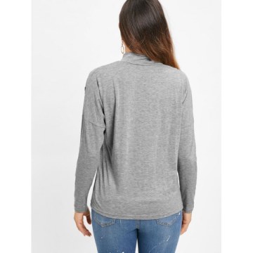 Long Sleeve High Collar Cut Out Tee - Gray Cloud