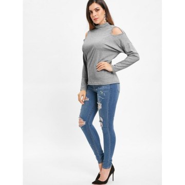 Long Sleeve High Collar Cut Out Tee - Gray Cloud