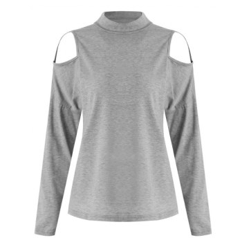 Long Sleeve High Collar Cut Out Tee - Gray Cloud