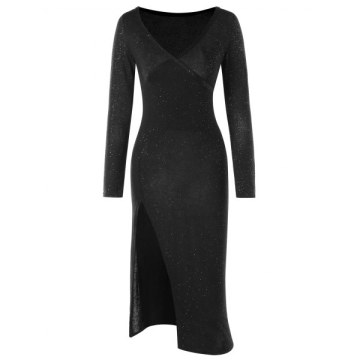 ong Sleeve High Slit Club Dress - Black