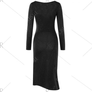 ong Sleeve High Slit Club Dress - Black