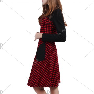 Long Sleeve Knee Length Plaid Dress - Red