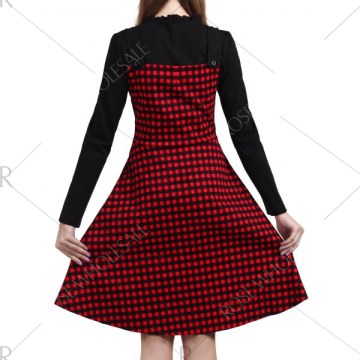 Long Sleeve Knee Length Plaid Dress - Red