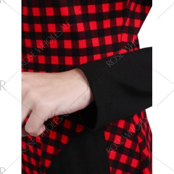 Long Sleeve Knee Length Plaid Dress - Red