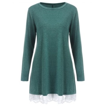 Long Sleeve Lace Panel Tee shirt - Greenish Blue