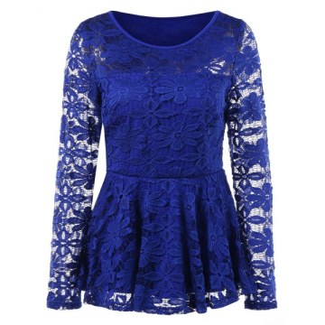 Long Sleeve Lace Skirted Blouse - Royal Blue