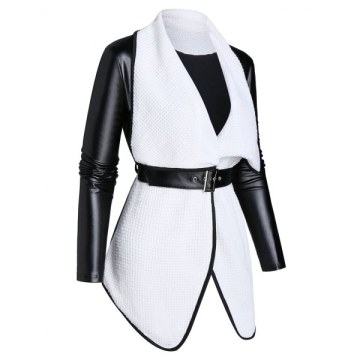 Long Sleeve Lapel Two Tone Jacket with Belt - Black