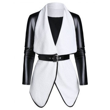 Long Sleeve Lapel Two Tone Jacket with Belt - Black