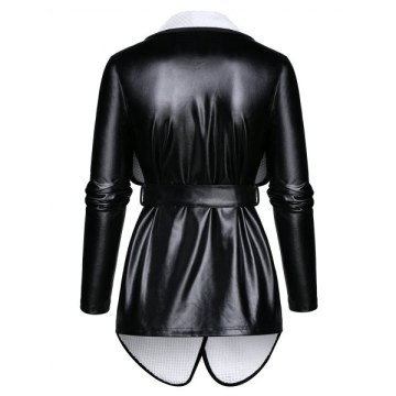 Long Sleeve Lapel Two Tone Jacket with Belt - Black