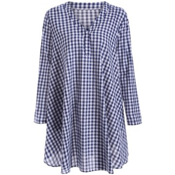 Long leeve Plaid Tunic Dress - Purplishblue   White