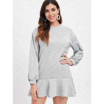 Long Sleeve Ruffled Trim Dress - Light Gray