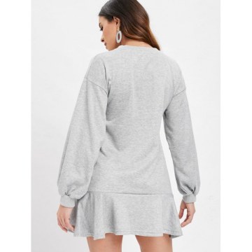 Long Sleeve Ruffled Trim Dress - Light Gray