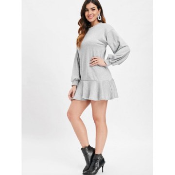 Long Sleeve Ruffled Trim Dress - Light Gray