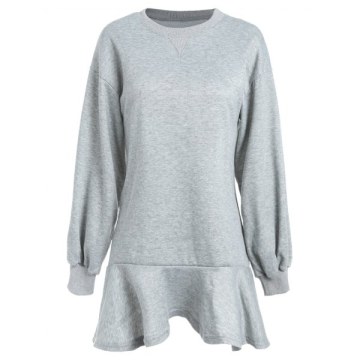 Long Sleeve Ruffled Trim Dress - Light Gray