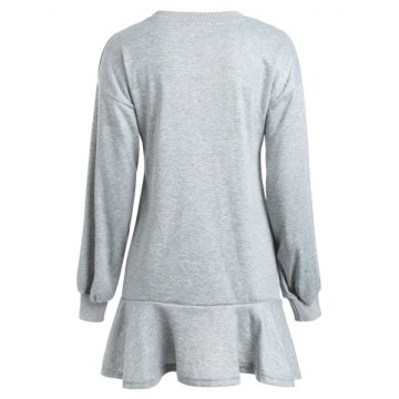 Long Sleeve Ruffled Trim Dress - Light Gray