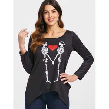 Long leeve keleton Print T-shirt - Black