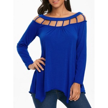 Long leeve Tunic T-shirt with Lattice Cut - Royal
