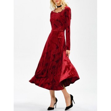 Long Sleeve Velvet Tea Length Flowy Party Dress - Red