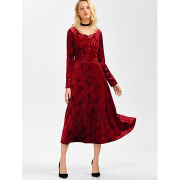 Long Sleeve Velvet Tea Length Flowy Party Dress - Red