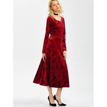 Long Sleeve Velvet Tea Length Flowy Party Dress - Red