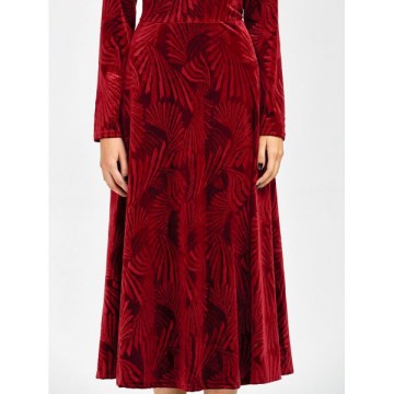 Long Sleeve Velvet Tea Length Flowy Party Dress - Red