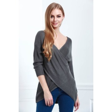 Long Sleeves V-Neck Cross Pullover Sweater - Deep Gray
