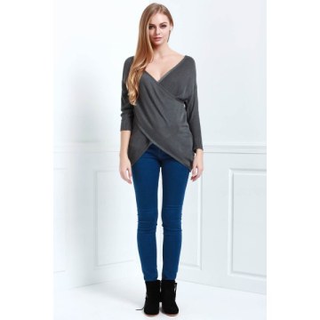 Long Sleeves V-Neck Cross Pullover Sweater - Deep Gray