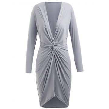ow Cut Asymmetrical ong Sleeve Bodycon Dress - ight Gray