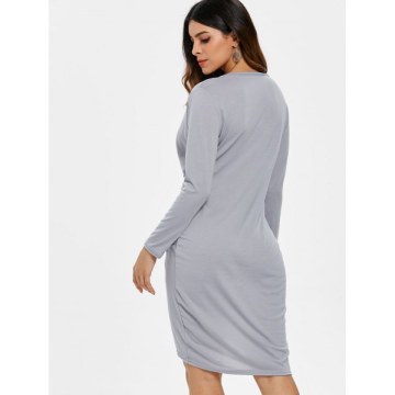 ow Cut Asymmetrical ong Sleeve Bodycon Dress - ight Gray