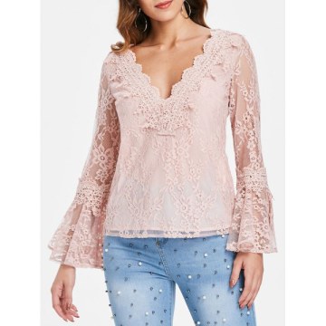 Low Cut Flare leeve Lace Blouse - Light Pink