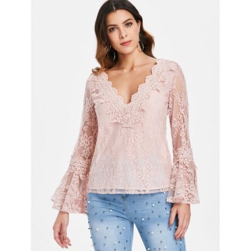 Low Cut Flare leeve Lace Blouse - Light Pink