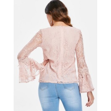 Low Cut Flare leeve Lace Blouse - Light Pink