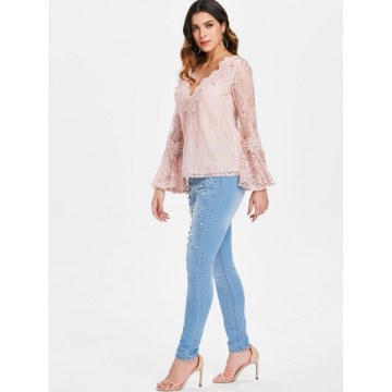 Low Cut Flare leeve Lace Blouse - Light Pink