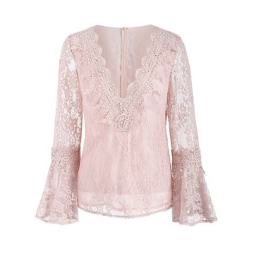 Low Cut Flare leeve Lace Blouse - Light Pink