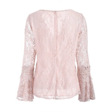 Low Cut Flare leeve Lace Blouse - Light Pink