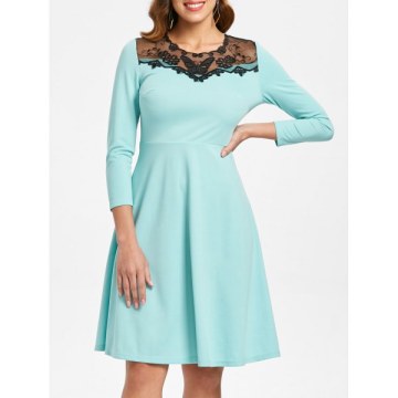 Mesh Insert Butterfly Embroidered Flare Dress - Coral Blue