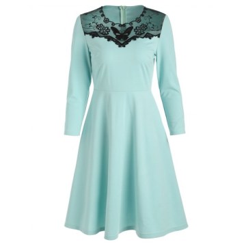 Mesh Insert Butterfly Embroidered Flare Dress - Coral Blue