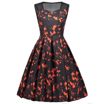 Mesh Insert Tie Dye Flare Dress - Black