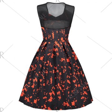 Mesh Insert Tie Dye Flare Dress - Black