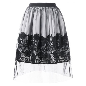 Mesh Overlap ace Applique Midi Skirt - Black