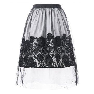 Mesh Overlap ace Applique Midi Skirt - Black
